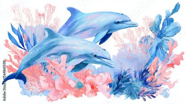 Obraz Vector illustration of a pair of dolphins in the ocean, watercolor paint.