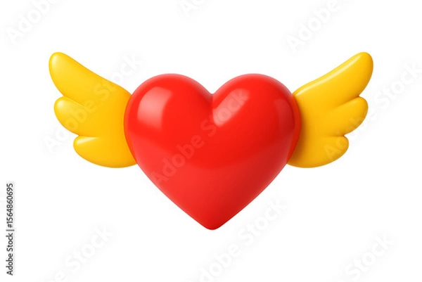 Fototapeta Red 3D Heart with Yellow Wings Isolated on a Transparent Background
