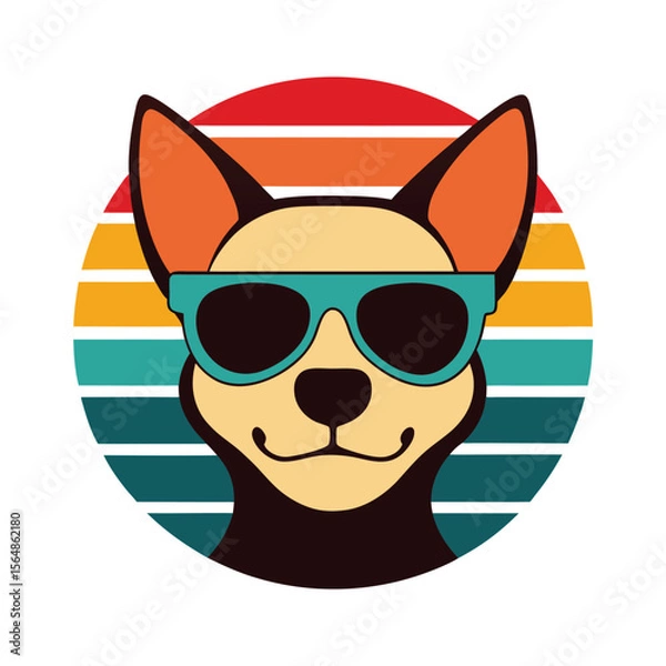 Fototapeta Excited Dog Head in Sunglasses on Retro Sunset