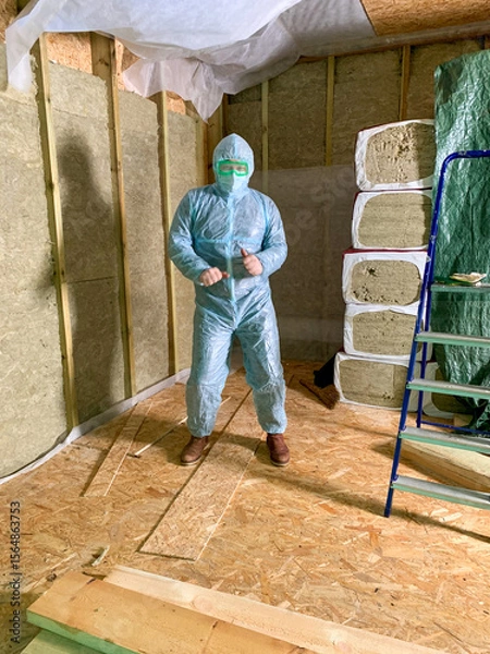 Fototapeta In a temple of timber, a masked builder enacts a dance of insulation wizardry, embodying Earth Day's mindful crafts