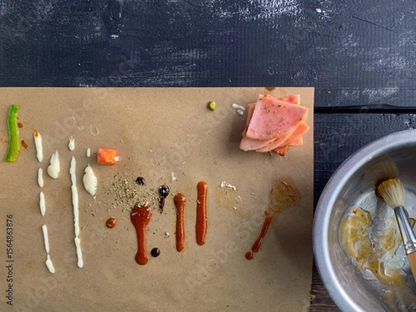 Fototapeta Colorful condiment art on a rustic table evokes culinary alchemy, perfect for World Art Day or gastronomic soirees