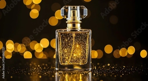 Fototapeta Golden perfume bottle with glittering details against a dark background Radiant golden sparkling perfume in a chic glass bottle, beautifully highlighted by a warm, out-of-focus background, conveying a