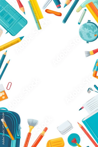 Obraz Flat Vector Banner School Supplies Border
