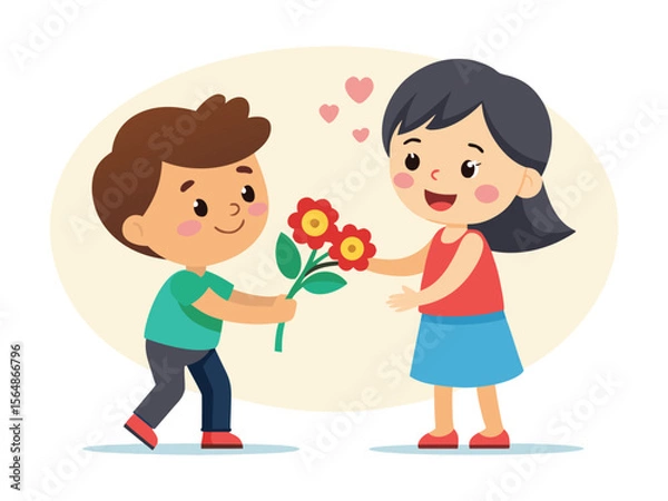 Obraz Young boy happily giving a bouquet of red flowers to a smiling girl with hearts floating
