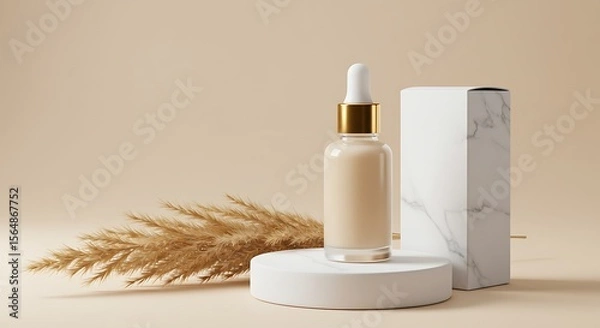 Obraz Luxury cosmetic dropper bottle and marble box with natural pampas grass on beige background