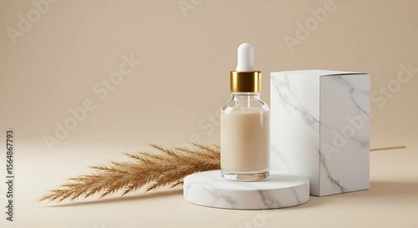 Obraz Elegant skincare serum bottle with gold accents, displayed in a minimalist setting