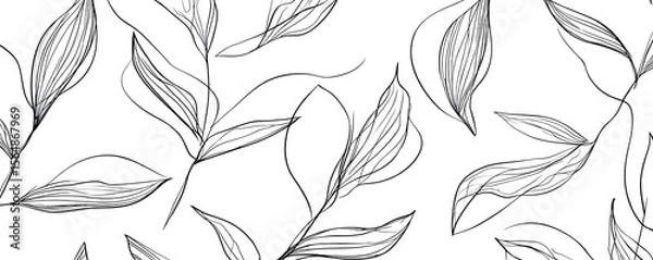 Obraz Seamless monochrome pattern featuring delicate one line drawings of leaves on a white background, forming a minimalist botanical and natural vector design