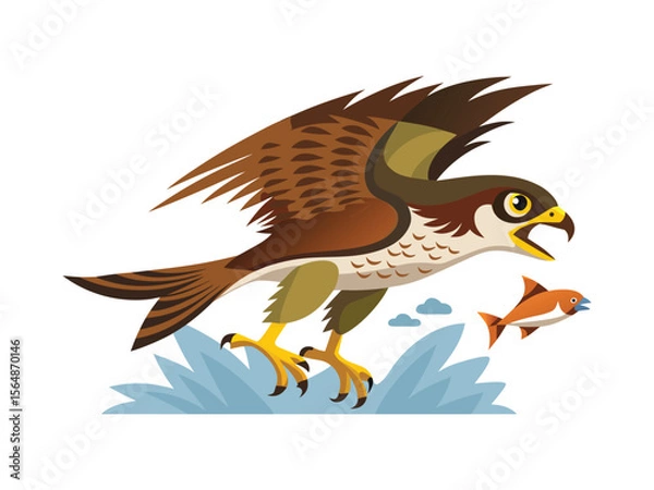 Obraz Cartoon hawk swooping down to catch a fish in the water isolated on white background
