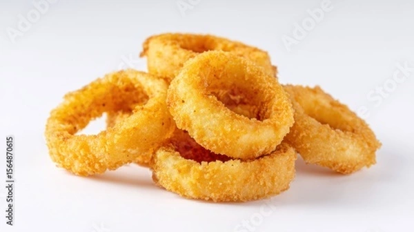 Fototapeta Pile of Crispy Golden Onion Rings on a White Background for Fast Food
