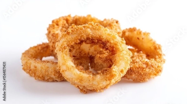 Fototapeta Golden crispy onion rings stacked on a white surface for fast food menu