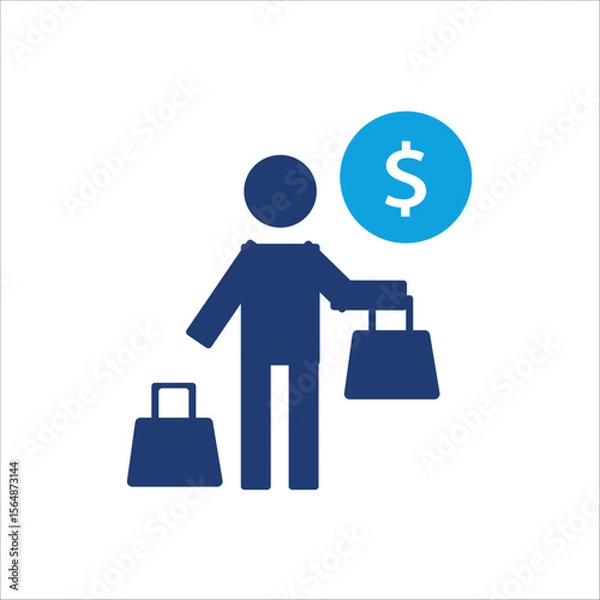 Fototapeta Business and commerce UI elements for web, app, banner, and print design. Blue financial and shopping icons with dollar signs, price tags, discounts, charts, invoices, and calculators.