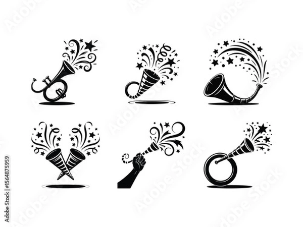 Fototapeta Festive horns with exploding stars and confetti trumpet party blower