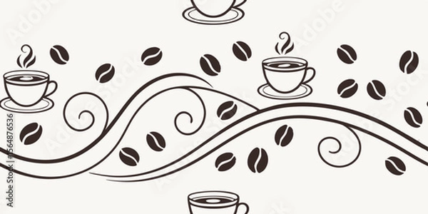 Fototapeta Horizontal seamless vector pattern border with coffee cups and beans  