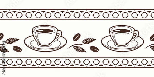 Fototapeta Vintage coffee horizontal seamless vector pattern border featuring cups and coffee beans  