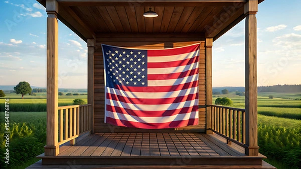 Fototapeta American Pride A Rustic Porch Displaying the United States Flag with a Serene Countryside Backdrop at Sunset