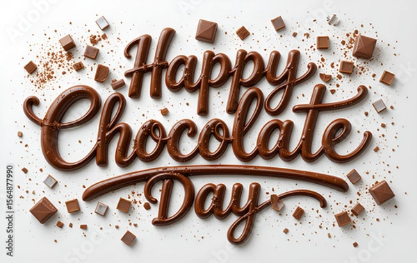 Fototapeta Happy chocolate day text made of chocolate with chocolate pieces on a white background overhead shot