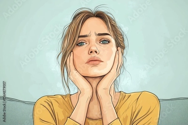 Obraz Muscle stiffness problem: Young woman rubbing her neck from pain due to work stress, sitting on the couch at home, Generative AI