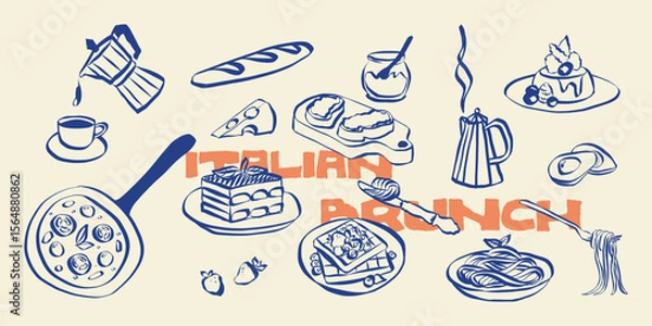 Fototapeta Whimsical italian food doodles. Quirky icons of brunch meals in simple crayon and sketch style. Trendy art for menus and dinner brunch invitations. La dolce vita vector illustration