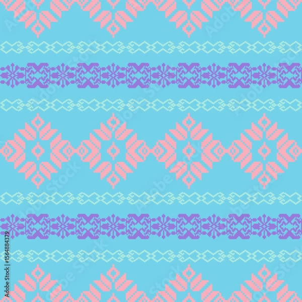 Fototapeta An elegant and traditional Songket Padang textile pattern  geometric motifs in pastel colorful background. Classic Indonesian design symmetrical borders traditional weaving artistry