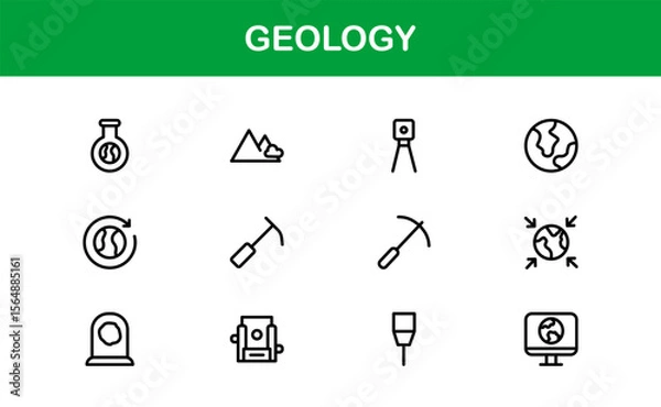 Obraz Geology, Unique Line Icon Collection. Creative, premium-quality outline icons featuring geological tools, stratigraphy, tectonic plates, and excavation symbols for scientific visuals.
