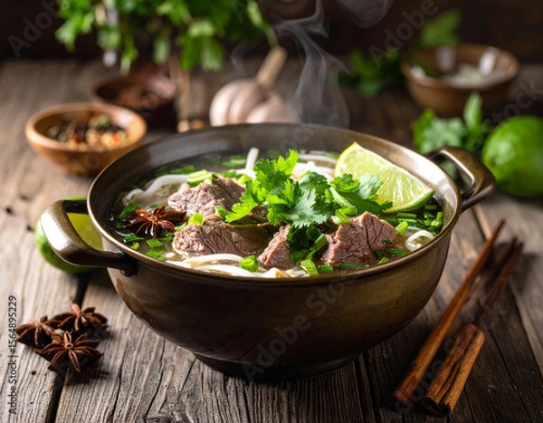 Fototapeta A steaming pot of Vietnamese beef pho simmering with star anise, cinnamon, and green onions in a rustic kitchen.