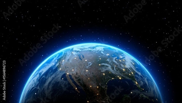 Fototapeta Planet, Earth, space — a breathtaking high-resolution image reveals Earth's curved horizon against deep space, showcasing glowing city lights, swirling clouds, oceans, continents, and the delicate blu
