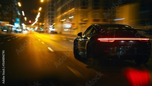 Fototapeta Speed, motion, and urban energy define this dynamic scene—a silver sports car races through a glowing nighttime city, its sharp form contrasting with blurred lights and reflections on glistening wet a