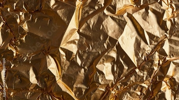 Fototapeta Luxury, shiny, metallic, and golden — this foil background features a beautifully crumpled texture that reflects light elegantly, adding richness and depth, ideal for premium designs, packaging, brand