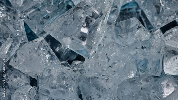 Fototapeta Ice, frozen, cold, transparent, clear – a close-up view of crushed ice pieces, glistening with light, showing sharp texture and natural beauty, ideal for cooling drinks, food styling, or backgrounds.

