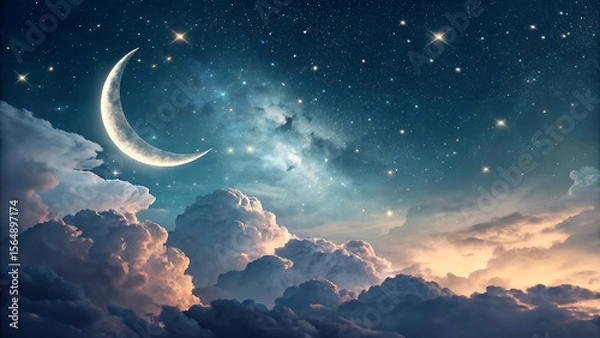 Fototapeta Dreamy Crescent Moon Over Golden Clouds A Celestial Symphony of Stars and Light, Evoking Serenity and Wonder in the Night Sky