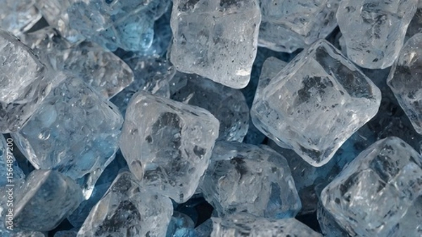 Fototapeta Ice, frozen, cold, transparent, clear – a close-up view of crushed ice pieces, glistening with light, showing sharp texture and natural beauty, ideal for cooling drinks, food styling, or backgrounds.
