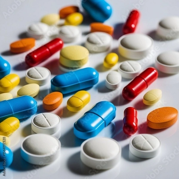 Fototapeta Medicine, pills, tablets, colorful, assorted, vibrant, diverse, shapes, sizes, hues, blues, reds, yellows, oranges, arranged, artfully, white background, crisp, pure, subtle shadows, gentle highlights