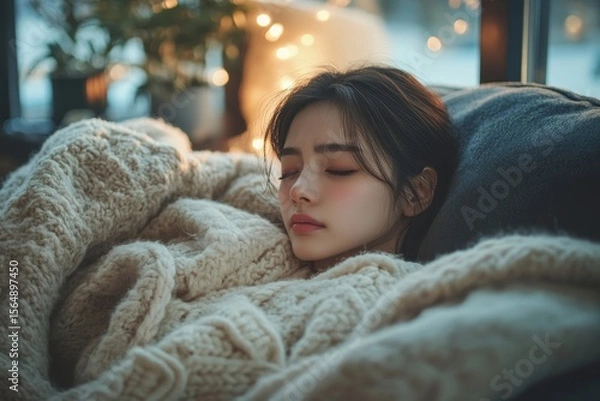 Obraz Sick at home concept, woman sneezing on the sofa during the winter season, Generative AI