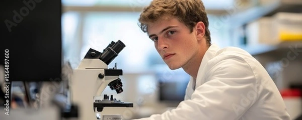 Obraz Researcher using a microscope to analyze cells in a medical lab, Generative AI
