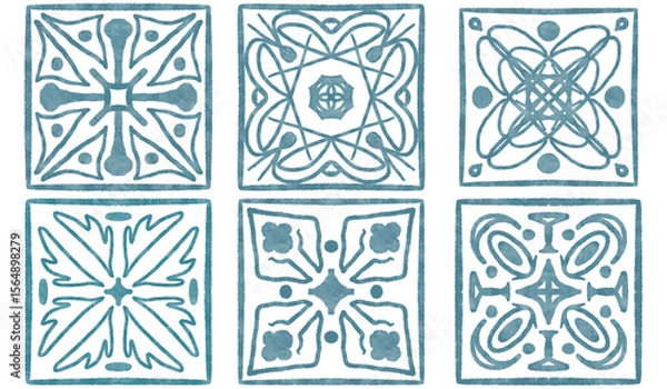 Obraz six tiles with blue watercolor patterns	