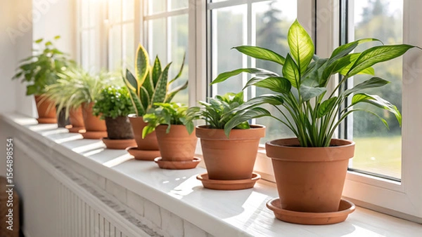 Fototapeta Indoor Oasis A Collection of Potted Plants Gracing a Sunny Windowsill with Lush Greenery and Natural Light