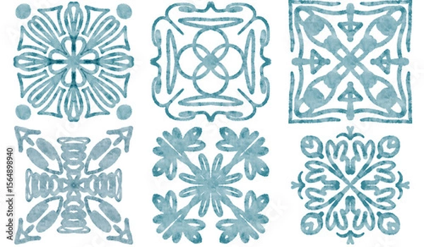 Obraz six tiles with blue watercolor patterns	