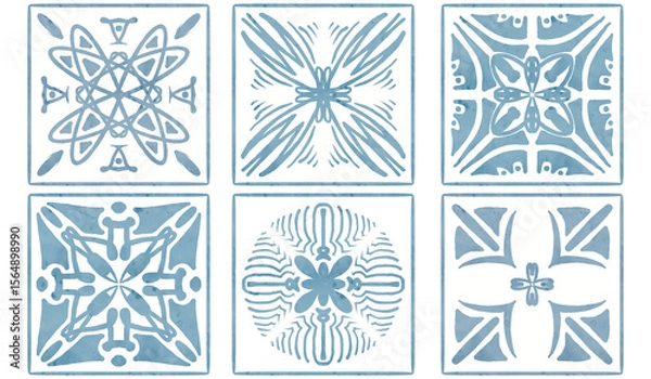 Obraz six tiles with blue watercolor patterns	