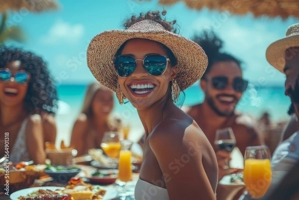 Obraz Beautiful family having a lively party at the beach, playing games, eating, and enjoying the sun together in a festive environment, Generative AI