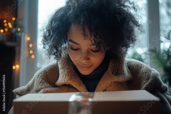 Obraz Person unboxing a package from online shopping at home, Generative AI