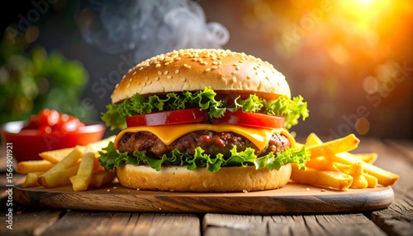 Fototapeta Juicy Beef Burger with Fresh Vegetables and Crispy French Fries