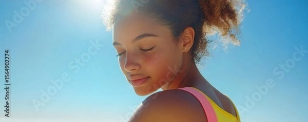 Obraz Body skin care routine: Close-up view of hands of a young woman applying lotion cream on her shoulder, Generative AI