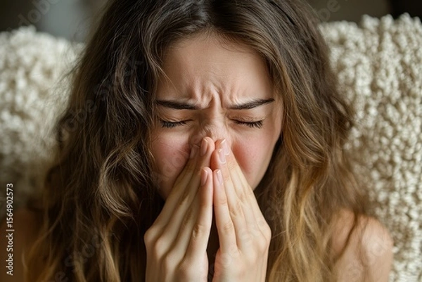 Obraz Seasonal sickness concept: Young woman with a common cold, sneezing on the sofa, Generative AI