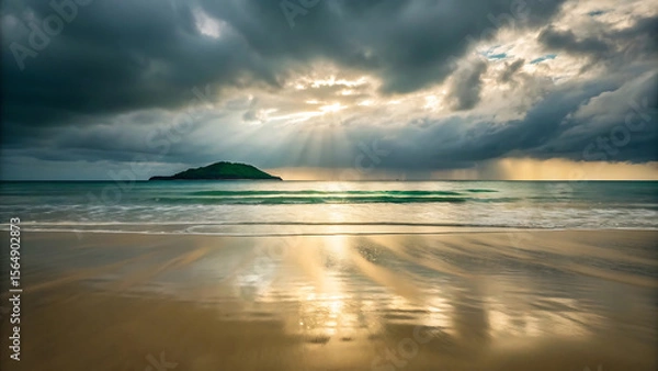 Fototapeta Moody Beach Scene with Island and Sunlight Rays Piercing Through Stormy Clouds Creating an Ethereal Coastal Landscape