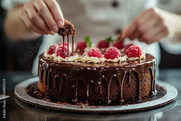 Obraz Pastry chef decorating chocolate cake, carefully adding the final touches to a beautifully crafted and delicious confection, Generative AI