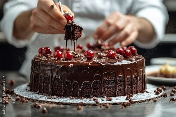 Obraz Pastry chef decorating chocolate cake, carefully adding the final touches to a beautifully crafted and delicious confection, Generative AI