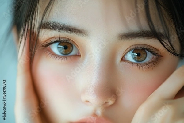 Obraz Lack of sleep problem: Worried Asian young woman pointing at dark circles under her eyes, Generative AI