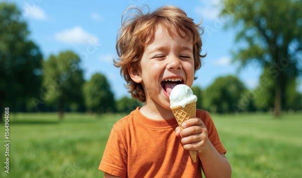 Fototapeta Smiling young boy with brown hair enjoys licking an ice cream cone in a sunny green park on sunny day.