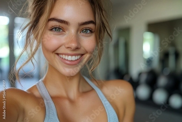 Obraz Fitness model taking a selfie in the gym, celebrating her fitness journey with confidence and motivation, Generative AI