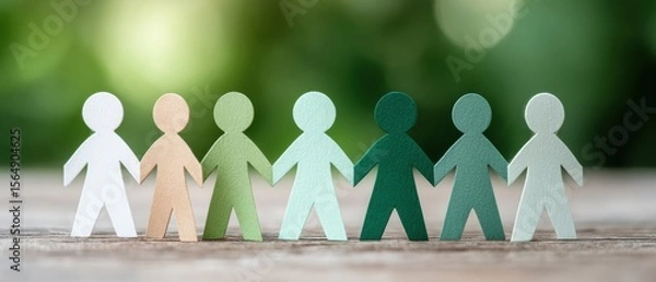 Fototapeta Diverse Paper Cut-Out Figures Holding Hands on Wood with Greenery Background for Corporate Teamwork and Inclusive Wellness Event Promotion